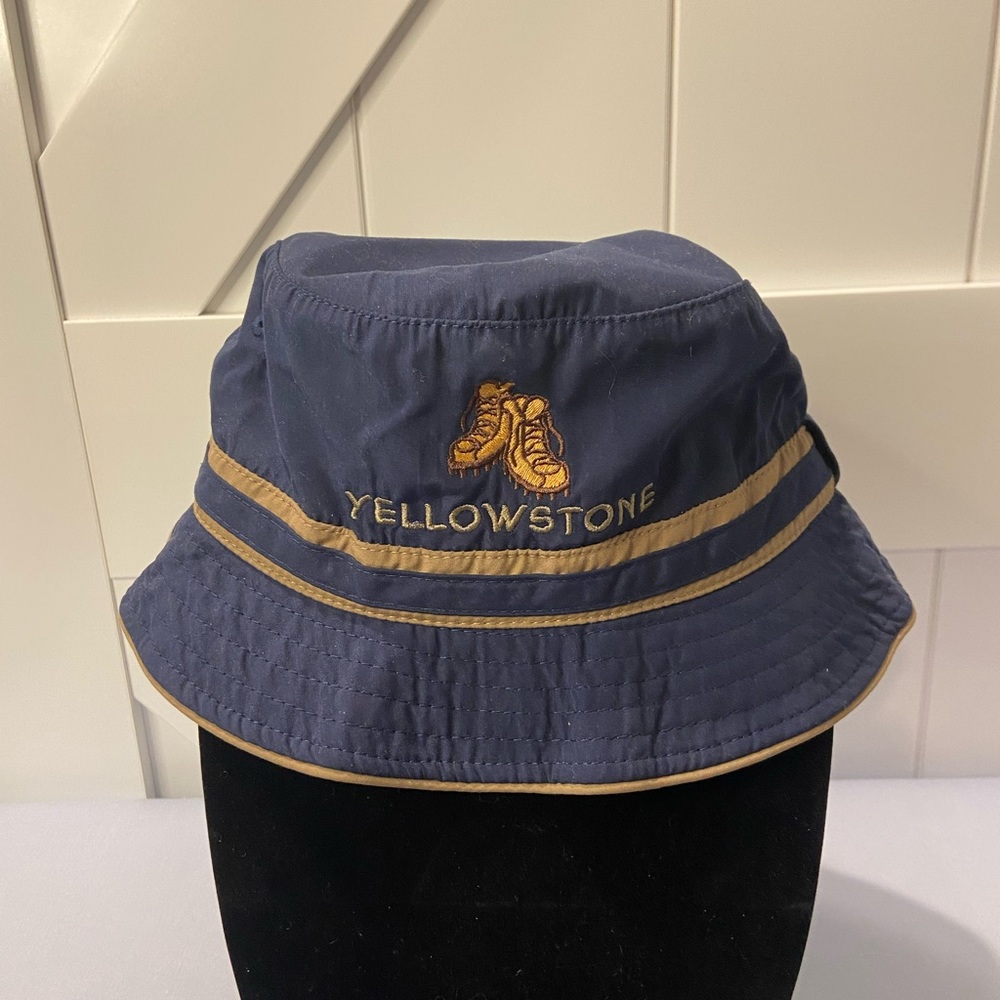 Bucket Hat Navy Blue and Tan with Yellowstone and Hiking Boots Embroidered